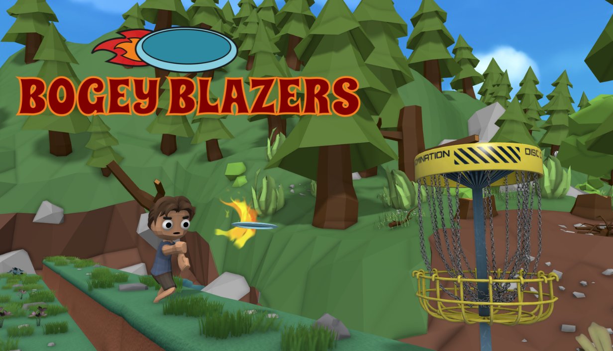 Bogey Blazers key art: a golfer throws a flaming disc toward a basket in a low-poly pine forest