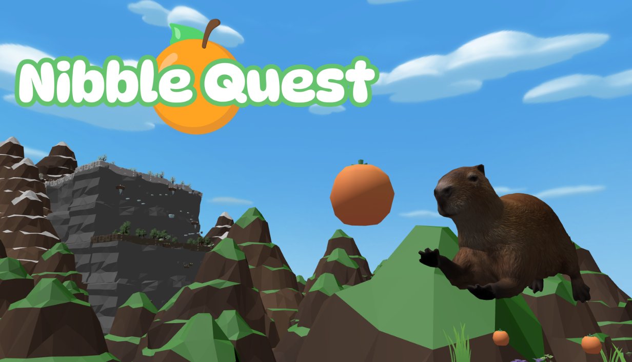 Nibble Quest key art: a capybara leaps over low-poly mountains toward an orange